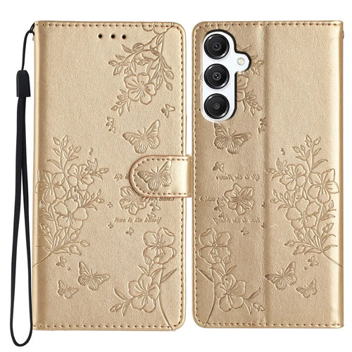 For Samsung Galaxy A36 5G Wallet Phone Case Butterfly Floral Imprint Leather Flip Cover - Gold - 1