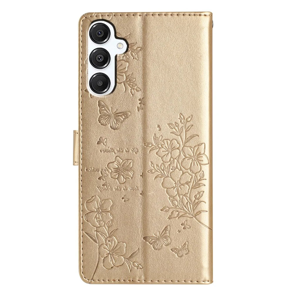 For Samsung Galaxy A36 5G Wallet Phone Case Butterfly Floral Imprint Leather Flip Cover - Gold - 7