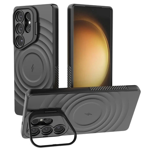 For Samsung Galaxy S25 Ultra Magnetic Case PC Kickstand Ripple Texture TPU Phone Cover - Black - 1