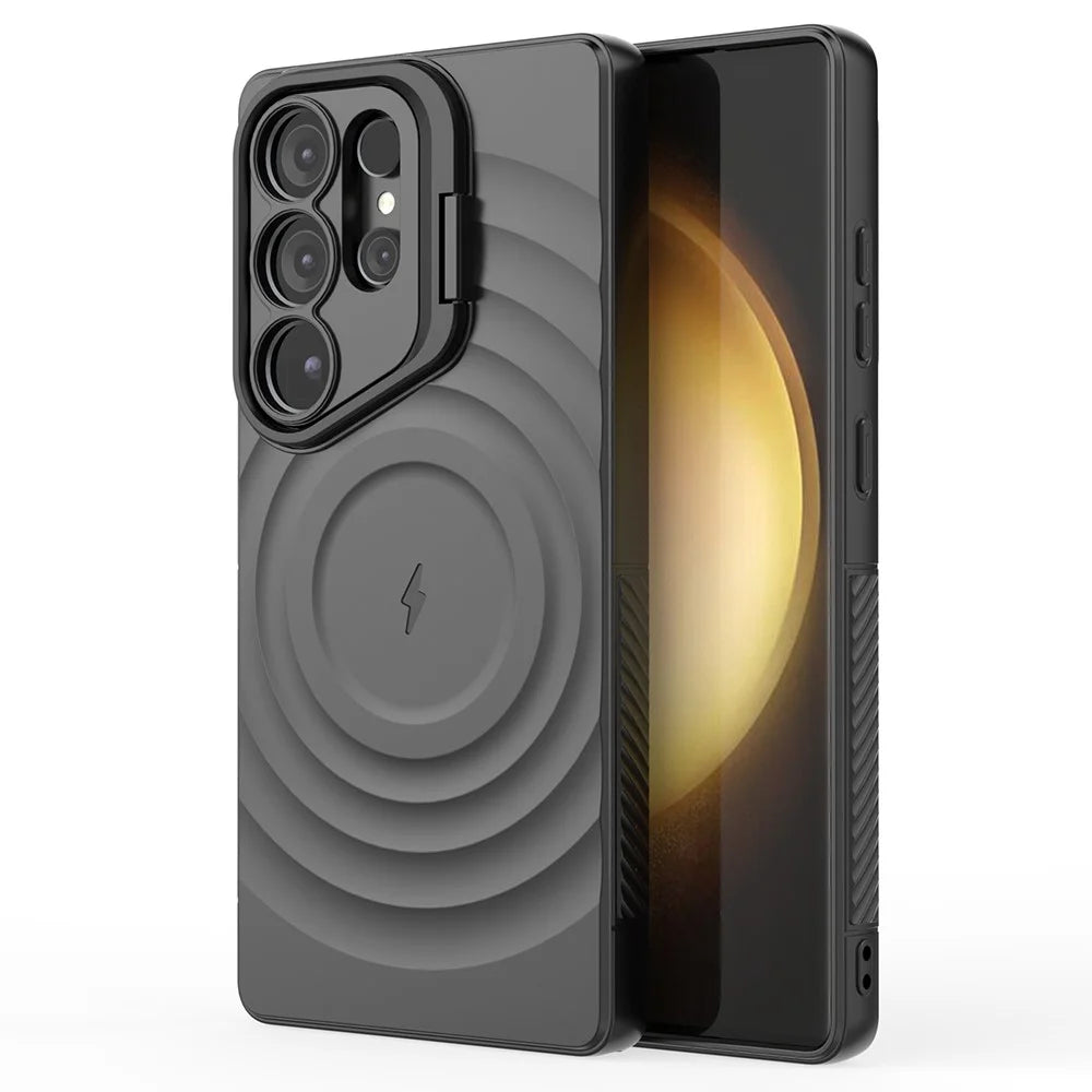 For Samsung Galaxy S25 Ultra Magnetic Case PC Kickstand Ripple Texture TPU Phone Cover - Black - 2