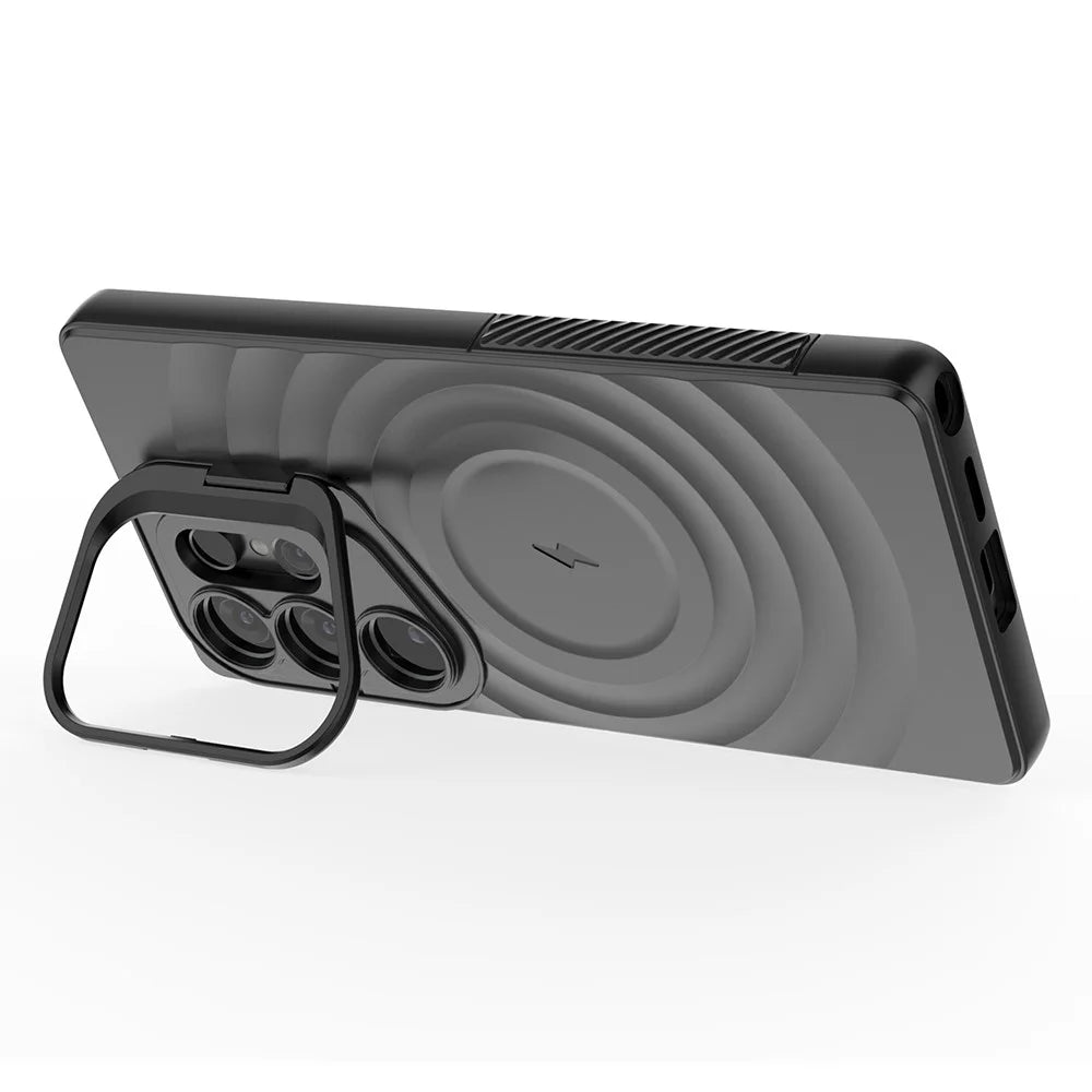 For Samsung Galaxy S25 Ultra Magnetic Case PC Kickstand Ripple Texture TPU Phone Cover - Black - 4