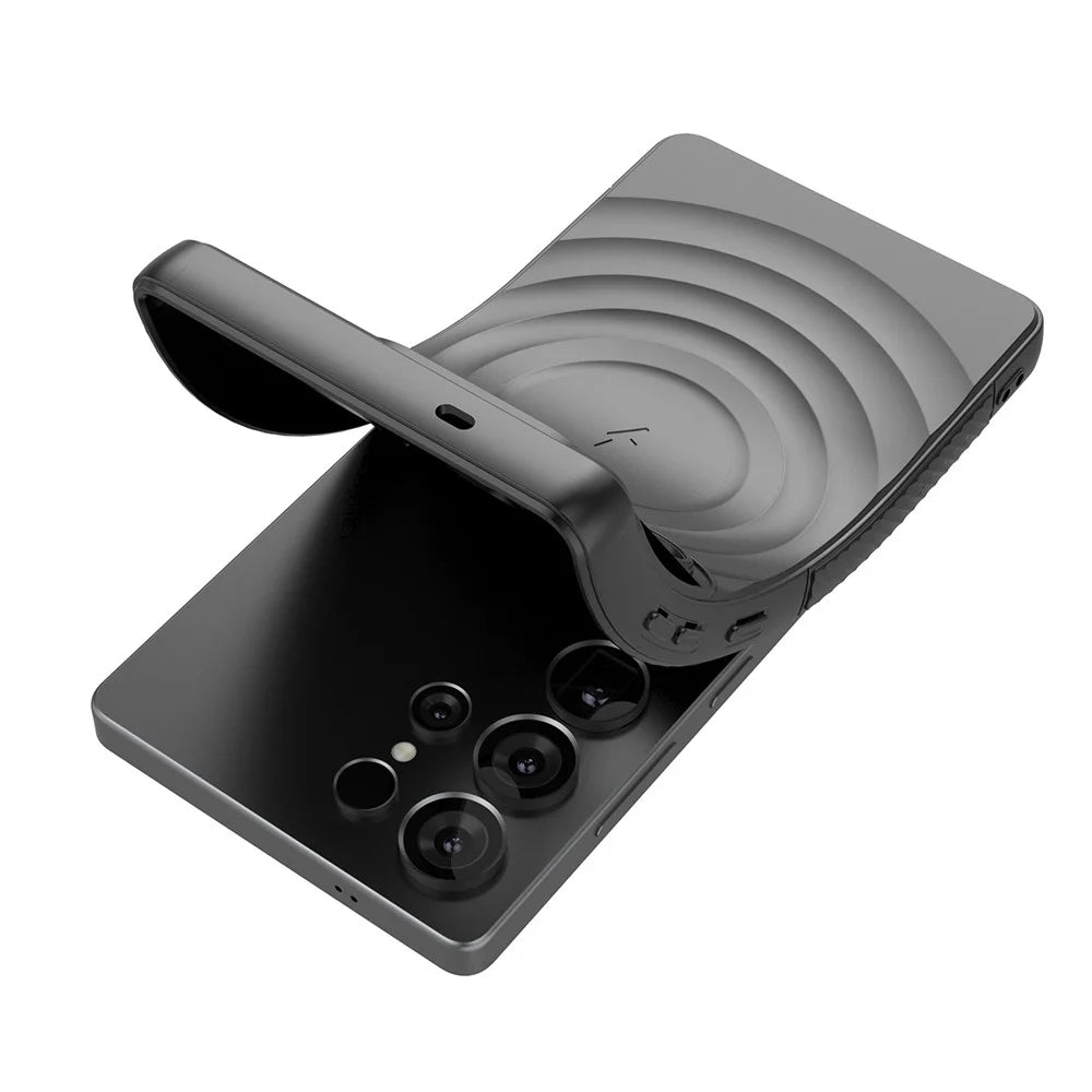 For Samsung Galaxy S25 Ultra Magnetic Case PC Kickstand Ripple Texture TPU Phone Cover - Black - 5