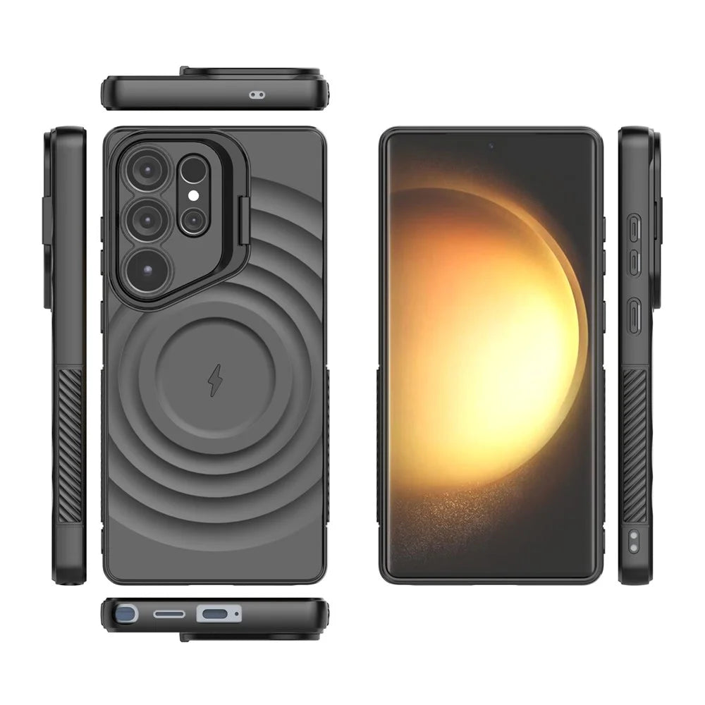 For Samsung Galaxy S25 Ultra Magnetic Case PC Kickstand Ripple Texture TPU Phone Cover - Black - 6