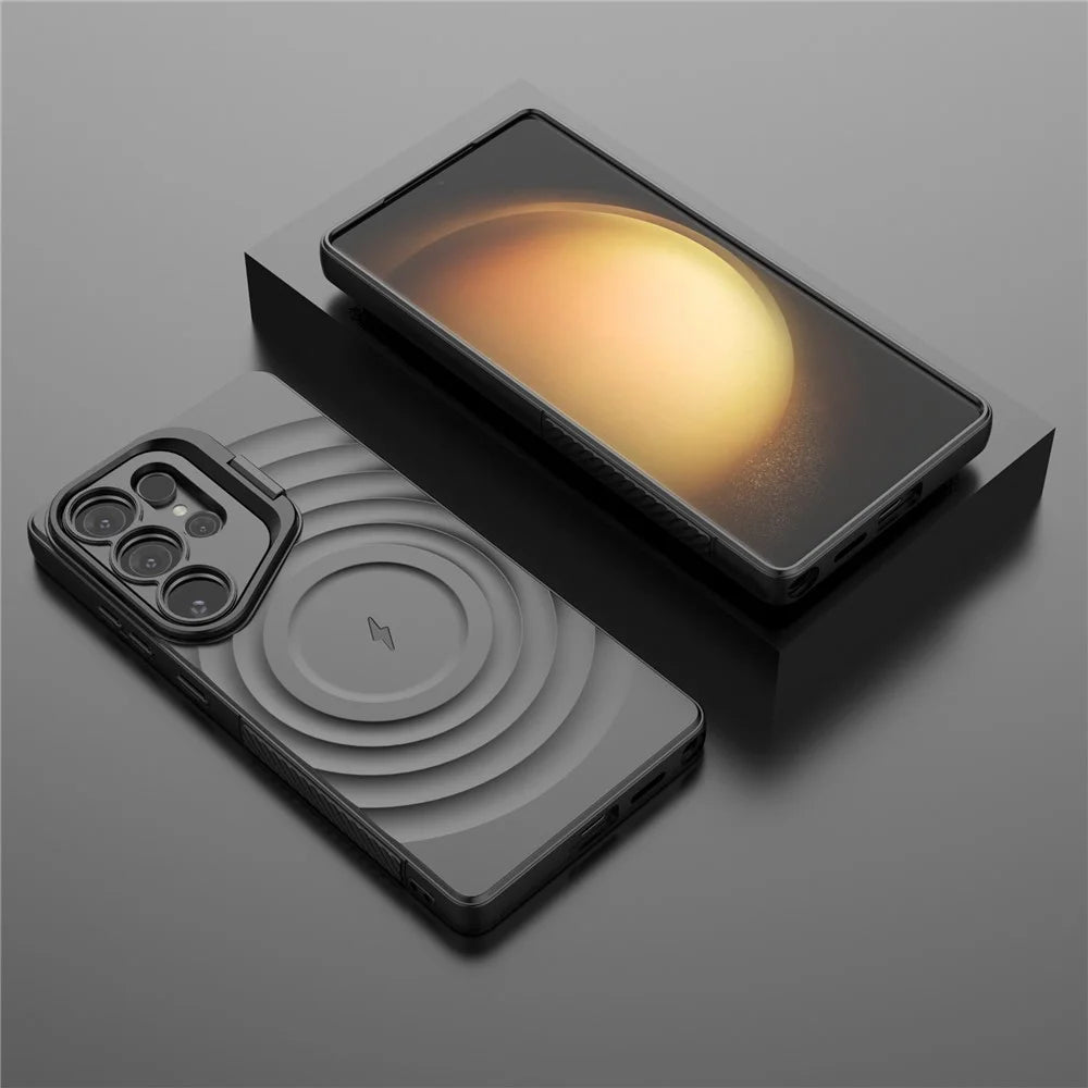 For Samsung Galaxy S25 Ultra Magnetic Case PC Kickstand Ripple Texture TPU Phone Cover - Black - 7