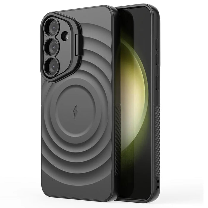 For Samsung Galaxy S25+ Magnetic Case PC Kickstand Ripple Texture TPU Phone Cover - Black - 2