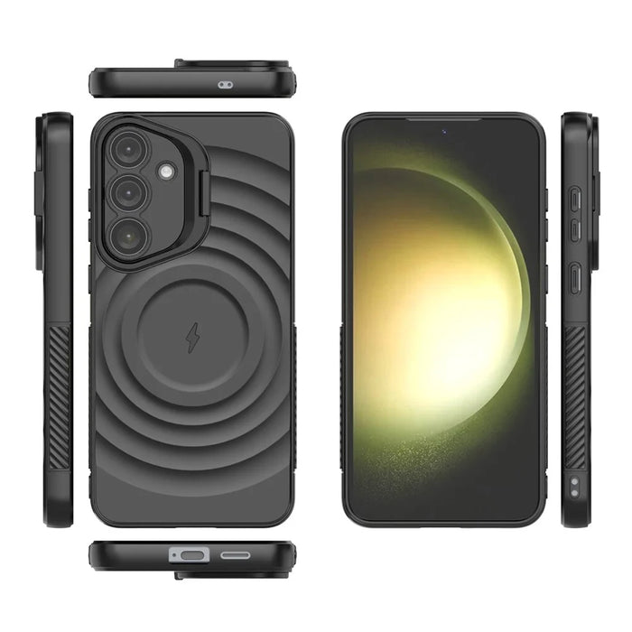 For Samsung Galaxy S25+ Magnetic Case PC Kickstand Ripple Texture TPU Phone Cover - Black - 6