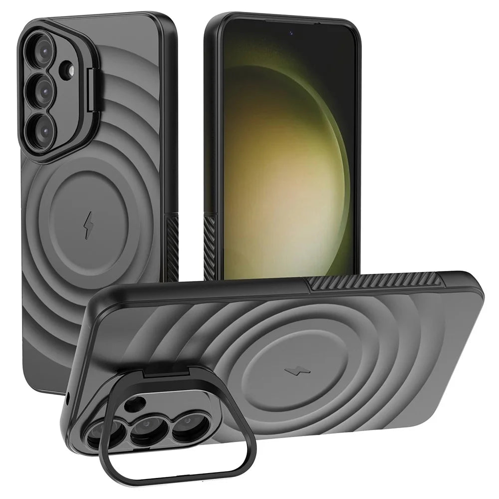 For Samsung Galaxy S25 Magnetic Case PC Kickstand Ripple Texture TPU Phone Cover - Black - 1