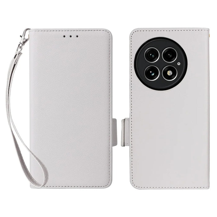 For OnePlus 13 Case with Wrist Strap Litchi Texture PU Leather Wallet Phone Cover - White - 1