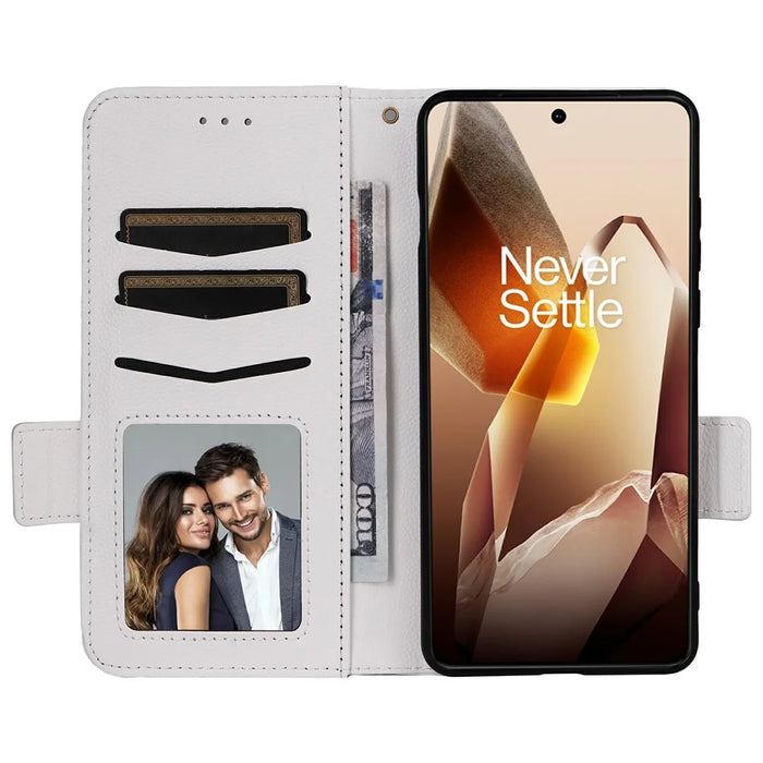For OnePlus 13 Case with Wrist Strap Litchi Texture PU Leather Wallet Phone Cover - White - 2