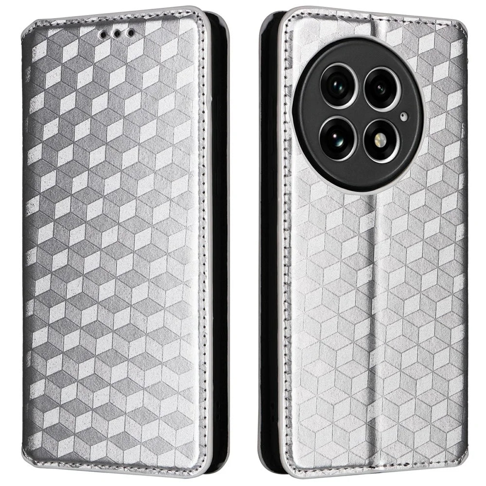 For OnePlus 13 Wallet Case Rhombus Imprinted Leather Phone Cover - Silver - 1