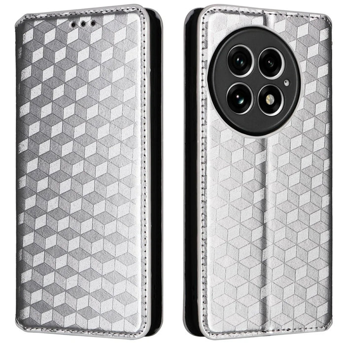 For OnePlus 13 Wallet Case Rhombus Imprinted Leather Phone Cover - Silver - 1
