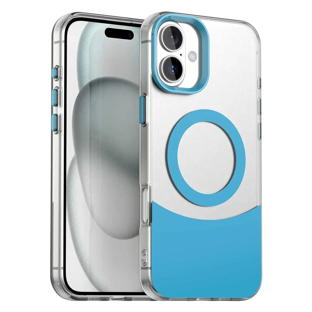 For iPhone 16 Plus Case Compatible with MagSafe Color Splicing IMD TPU+PET+PC Mobile Cover - Blue - 1