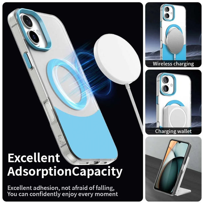 For iPhone 16 Plus Case Compatible with MagSafe Color Splicing IMD TPU+PET+PC Mobile Cover - Blue - 3