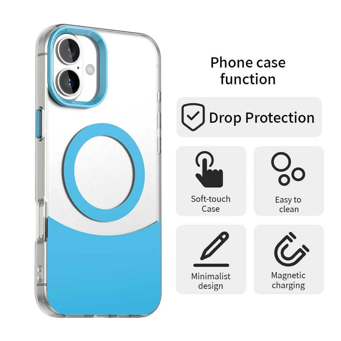 For iPhone 16 Plus Case Compatible with MagSafe Color Splicing IMD TPU+PET+PC Mobile Cover - Blue - 4