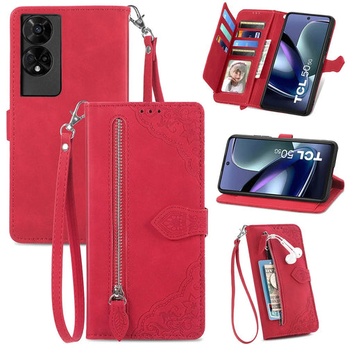 For TCL 50 5G Zipper Wallet Case with Strap Flower Imprint PU Leather Phone Cover - Red - 1