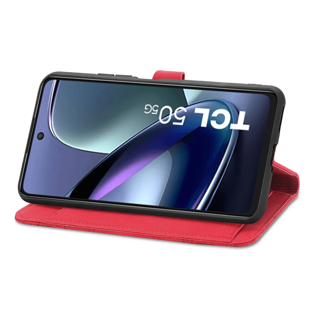 For TCL 50 5G Zipper Wallet Case with Strap Flower Imprint PU Leather Phone Cover - Red - 3