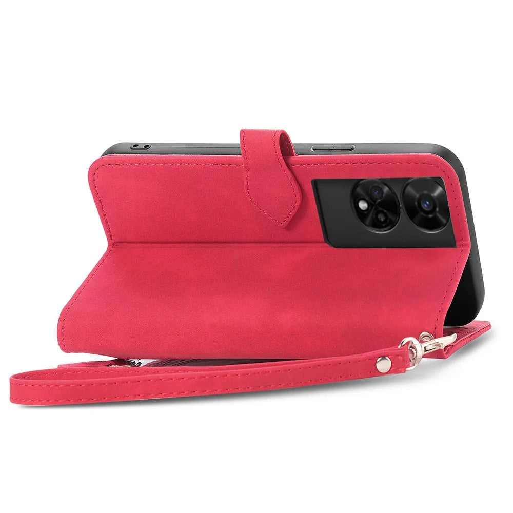 For TCL 50 5G Zipper Wallet Case with Strap Flower Imprint PU Leather Phone Cover - Red - 4