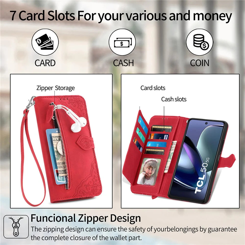 For TCL 50 5G Zipper Wallet Case with Strap Flower Imprint PU Leather Phone Cover - Red - 5