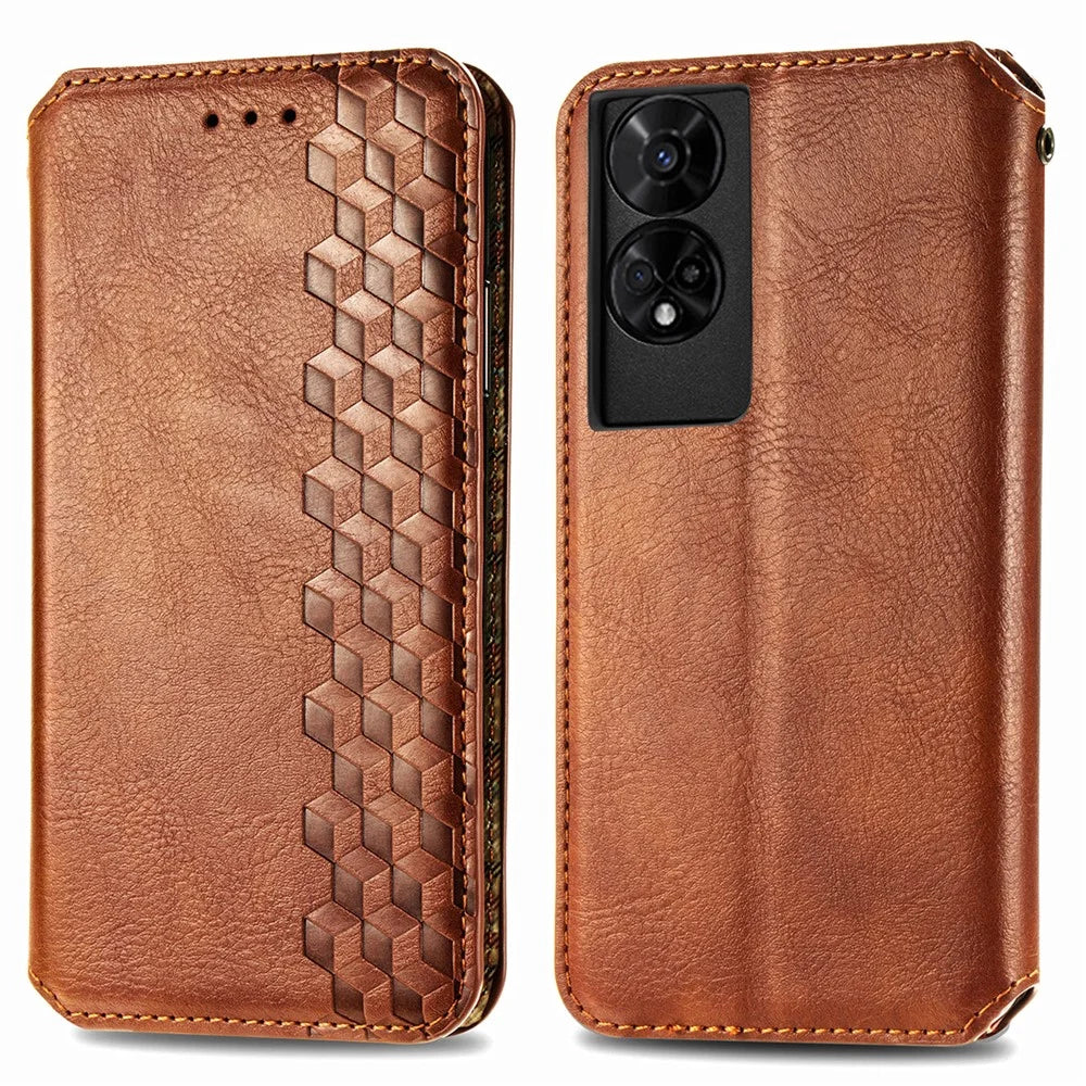 For TCL 50 5G PU Leather Case Rhombus Imprint Wallet Stand Phone Cover - Brown - 1
