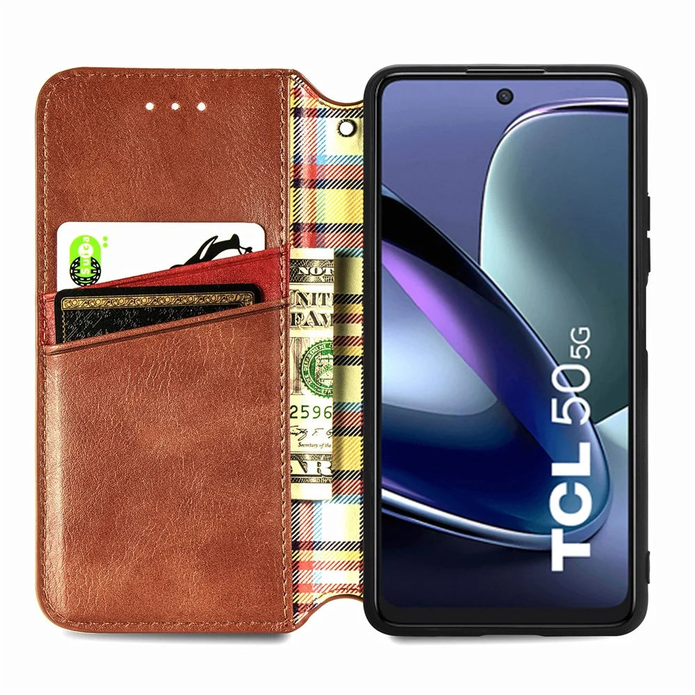 For TCL 50 5G PU Leather Case Rhombus Imprint Wallet Stand Phone Cover - Brown - 2