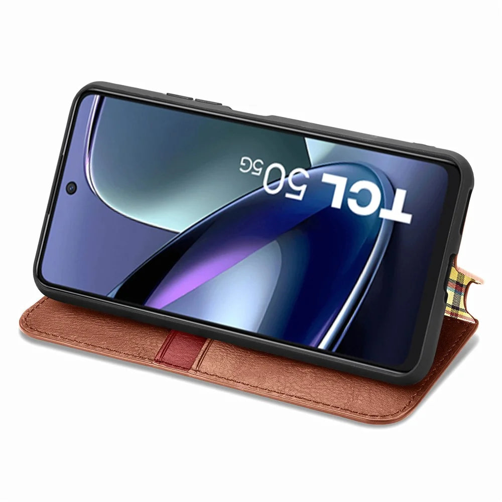 For TCL 50 5G PU Leather Case Rhombus Imprint Wallet Stand Phone Cover - Brown - 3