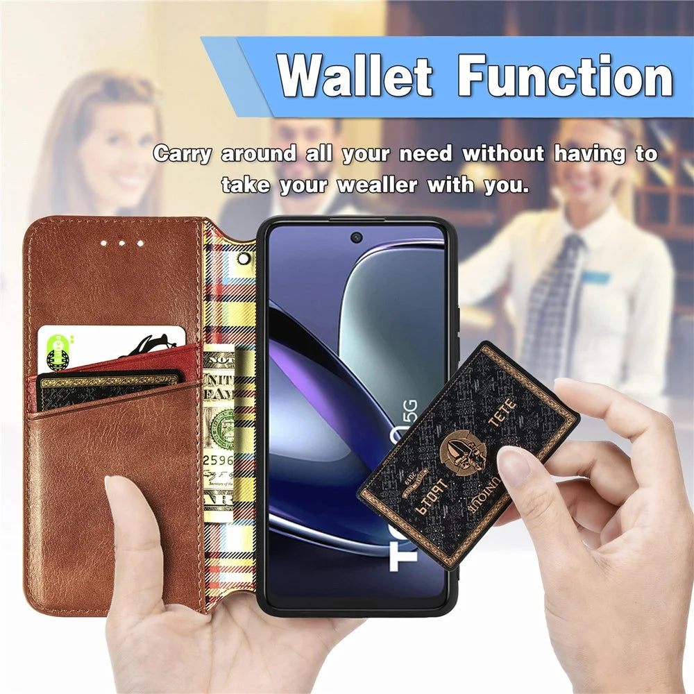 For TCL 50 5G PU Leather Case Rhombus Imprint Wallet Stand Phone Cover - Brown - 5