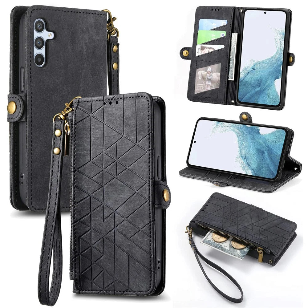 For Samsung Galaxy A36 5G Case Zipper Wallet Geometry Lines Leather Phone Cover - Black - 1