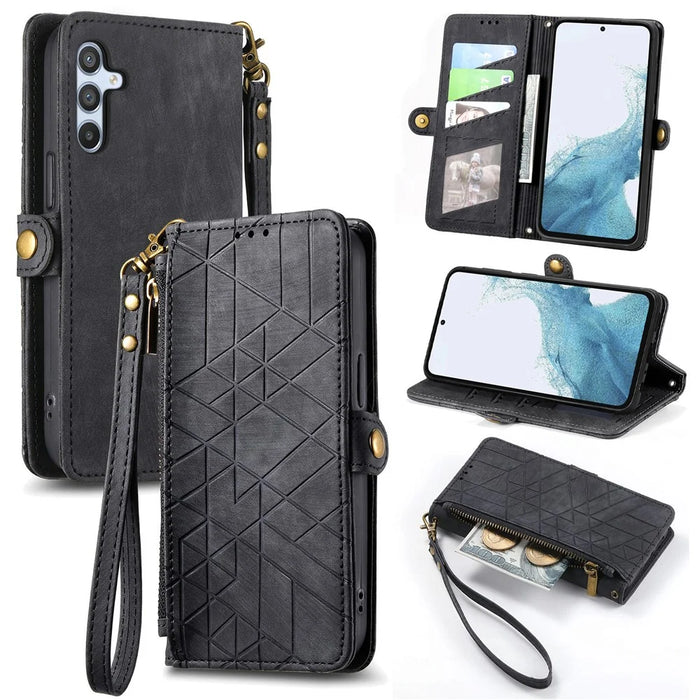 For Samsung Galaxy A36 5G Case Zipper Wallet Geometry Lines Leather Phone Cover - Black - 1