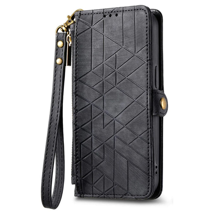 For Samsung Galaxy A36 5G Case Zipper Wallet Geometry Lines Leather Phone Cover - Black - 6
