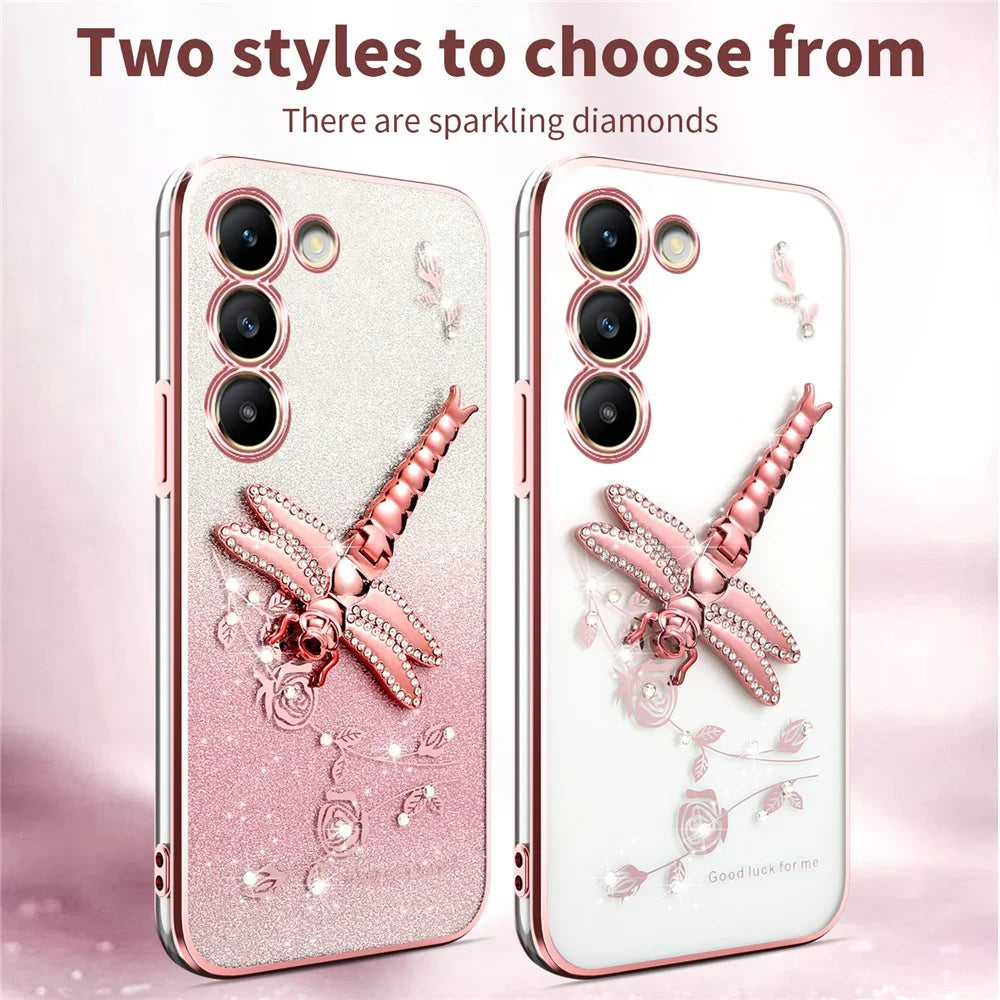 KADEM For Samsung Galaxy S23 Case Dragonfly Kickstand TPU Flowers Glitter Phone Cover - Pink - 3
