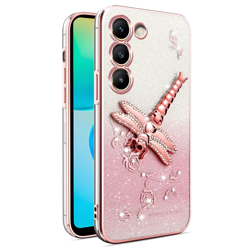 KADEM For Samsung Galaxy S23+ Case Dragonfly Kickstand TPU Flowers Glitter Phone Cover - Pink - 1