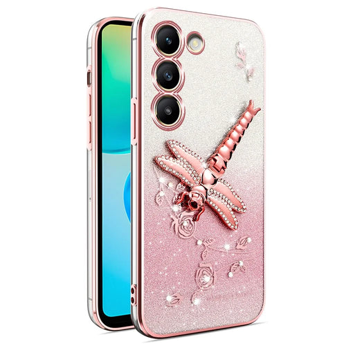 KADEM For Samsung Galaxy S23+ Case Dragonfly Kickstand TPU Flowers Glitter Phone Cover - Pink - 1