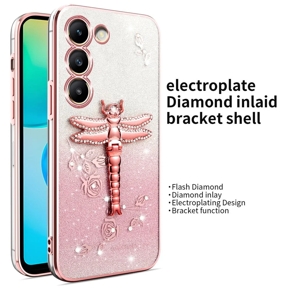 KADEM For Samsung Galaxy S23+ Case Dragonfly Kickstand TPU Flowers Glitter Phone Cover - Pink - 2