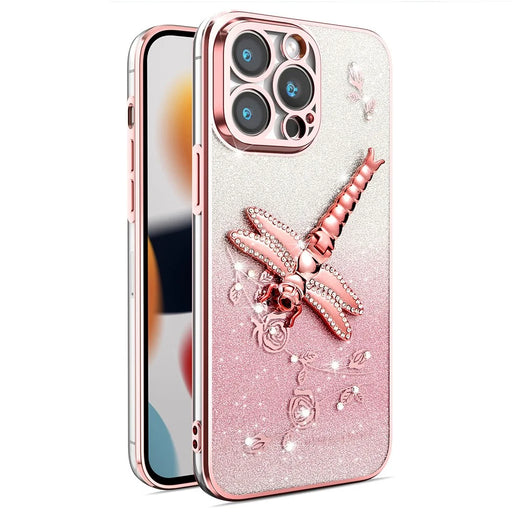 KADEM For iPhone 15 Pro Case Dragonfly Kickstand TPU Flowers Glitter Phone Cover - Pink - 1