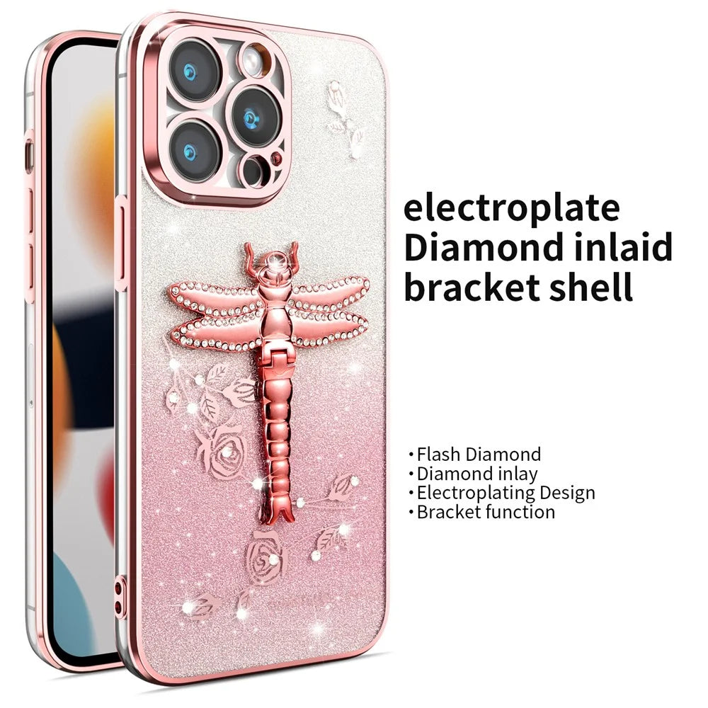 KADEM For iPhone 14 Pro Max Case Dragonfly Kickstand TPU Flowers Glitter Phone Cover - Pink - 2
