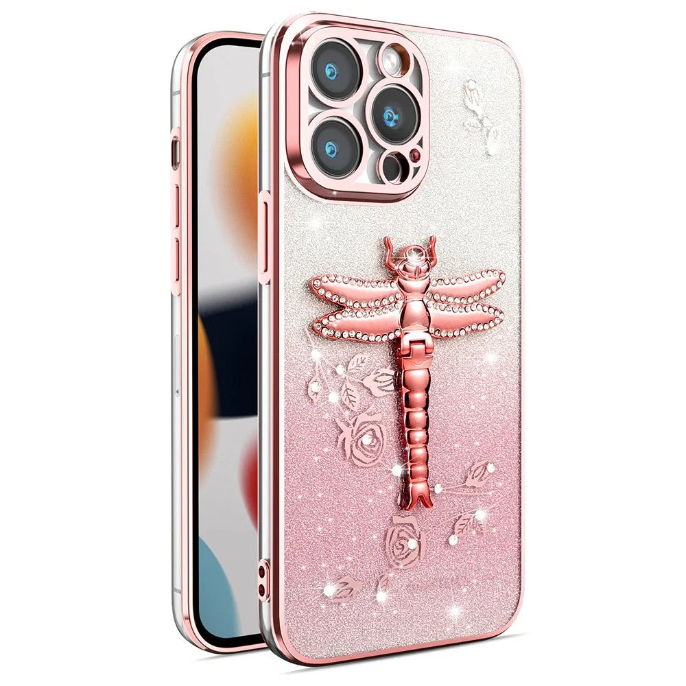 KADEM For iPhone 13 Pro Max Case Dragonfly Kickstand TPU Flowers Glitter Phone Cover - Pink - 1