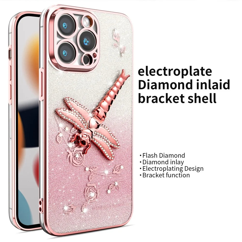 KADEM For iPhone 13 Pro Max Case Dragonfly Kickstand TPU Flowers Glitter Phone Cover - Pink - 2