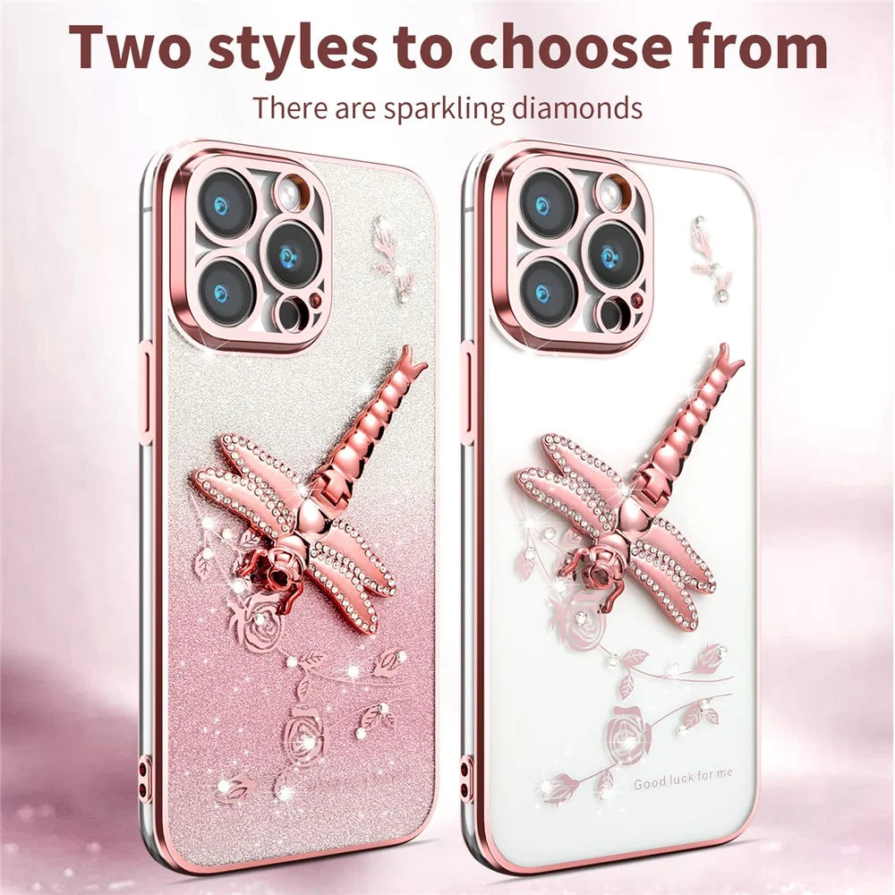 KADEM For iPhone 13 Pro Max Case Dragonfly Kickstand TPU Flowers Glitter Phone Cover - Pink - 3