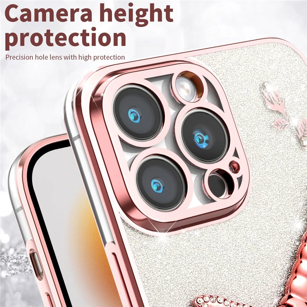 KADEM For iPhone 13 Pro Max Case Dragonfly Kickstand TPU Flowers Glitter Phone Cover - Pink - 4
