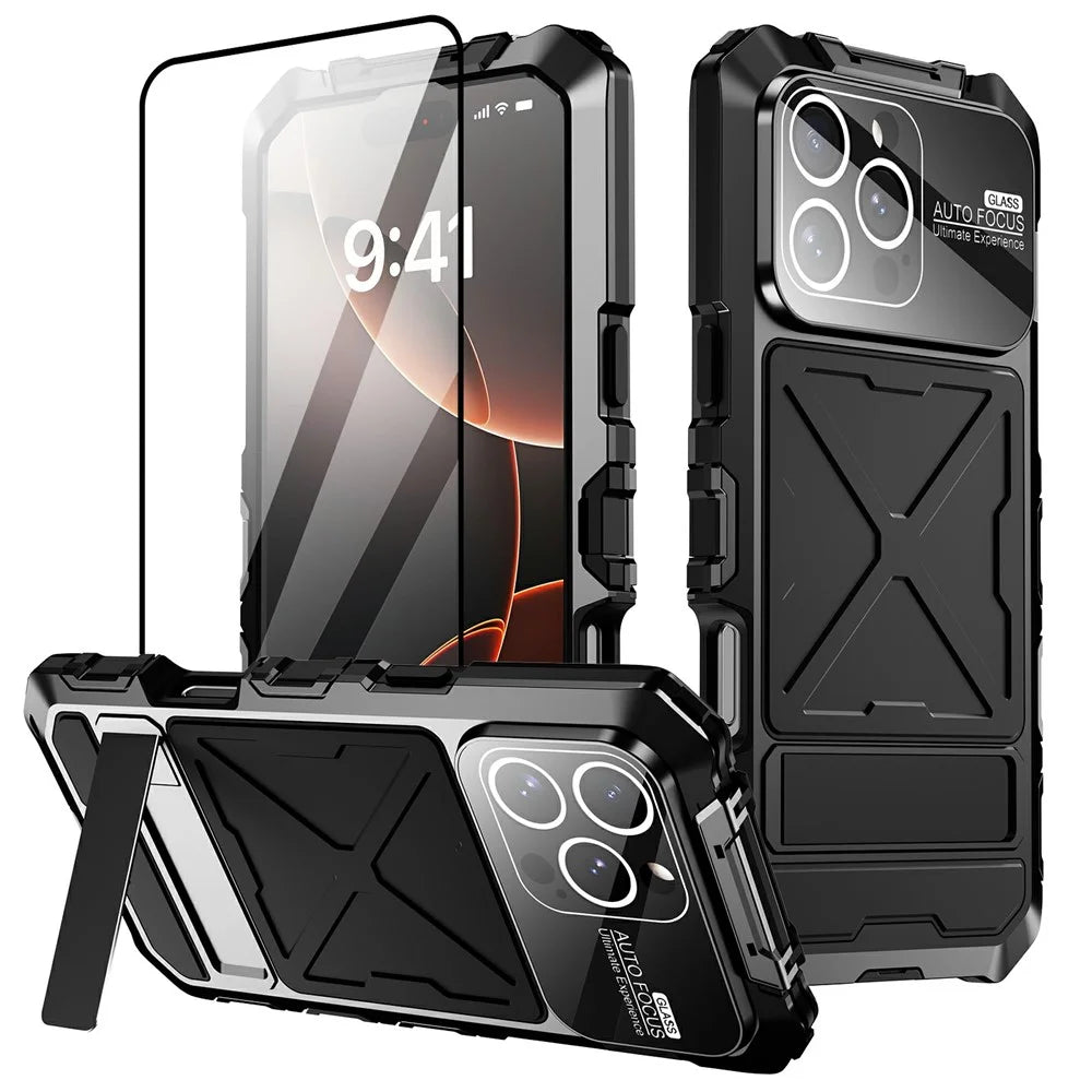 For iPhone 16 Pro Case Silicone + Metal Kickstand Anti Drop Three-Layer Protection Cover - Black - 1
