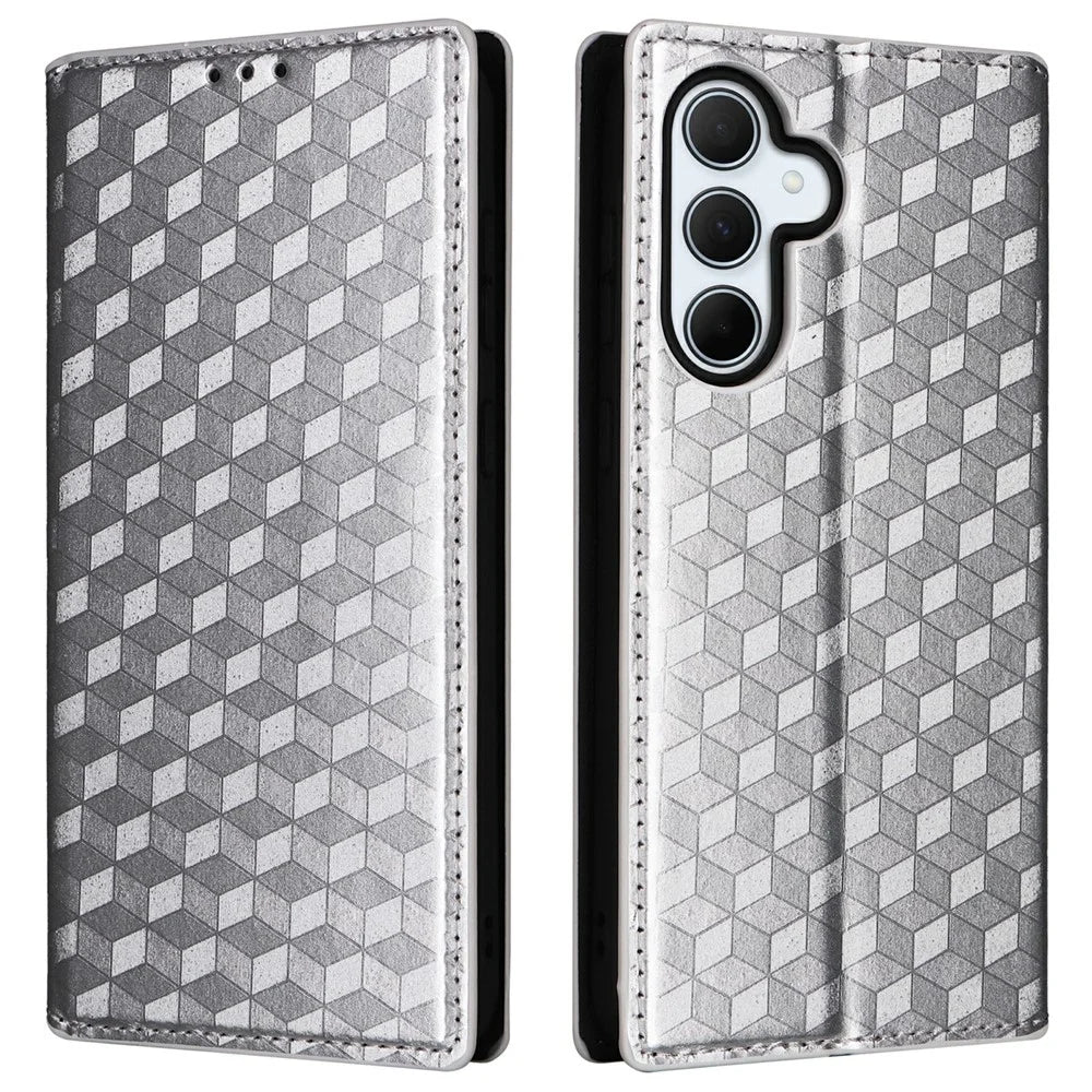 For Samsung Galaxy A36 5G Wallet Case Rhombus Imprinted Leather Phone Cover - Silver - 1