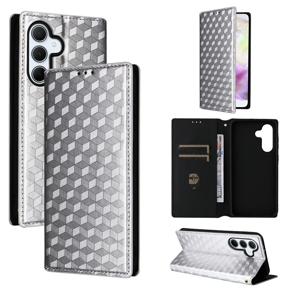 For Samsung Galaxy A36 5G Wallet Case Rhombus Imprinted Leather Phone Cover - Silver - 6