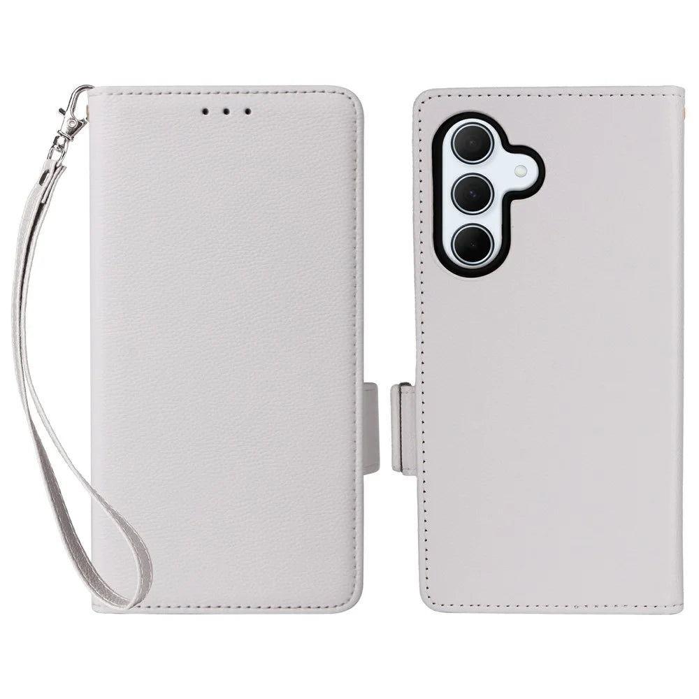 For Samsung Galaxy A36 5G Case with Wrist Strap Litchi Texture PU Leather Wallet Phone Cover - White - 1
