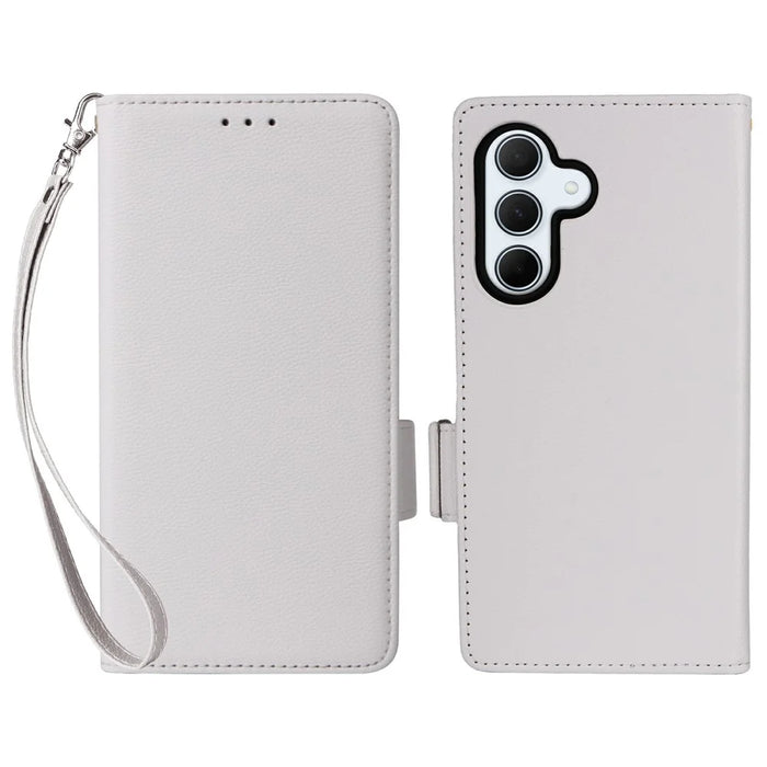 For Samsung Galaxy A36 5G Case with Wrist Strap Litchi Texture PU Leather Wallet Phone Cover - White - 1