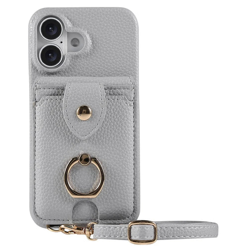 For iPhone 16 Case with Card Holder, Shoulder Strap PC+TPU Ring Kickstand Phone Back Cover - Grey Blue - 1
