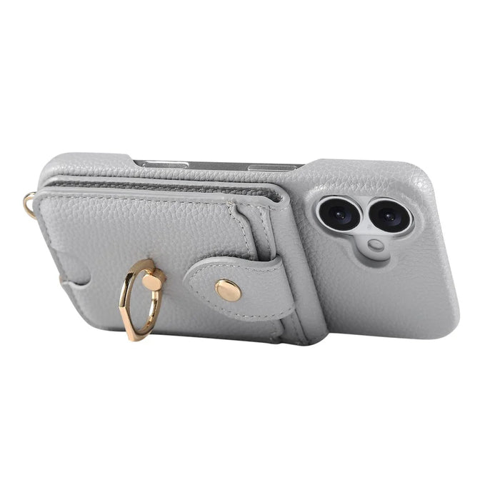 For iPhone 16 Case with Card Holder, Shoulder Strap PC+TPU Ring Kickstand Phone Back Cover - Grey Blue - 3