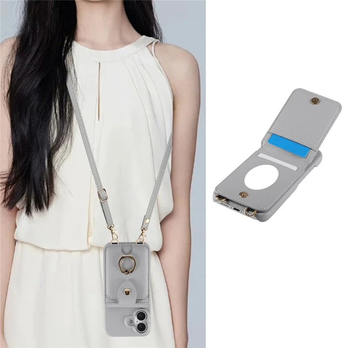For iPhone 16 Case with Card Holder, Shoulder Strap PC+TPU Ring Kickstand Phone Back Cover - Grey Blue - 4