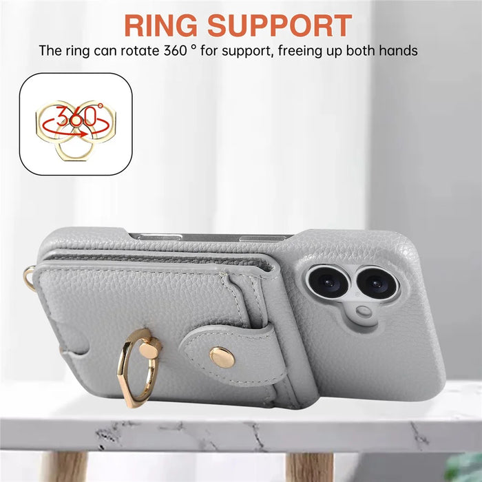 For iPhone 16 Case with Card Holder, Shoulder Strap PC+TPU Ring Kickstand Phone Back Cover - Grey Blue - 5