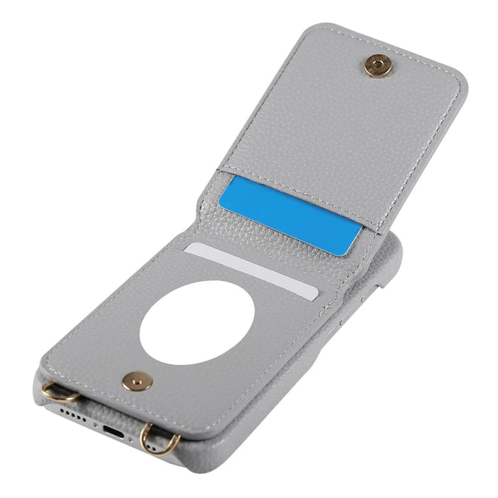 For iPhone 16 Case with Card Holder, Shoulder Strap PC+TPU Ring Kickstand Phone Back Cover - Grey Blue - 6