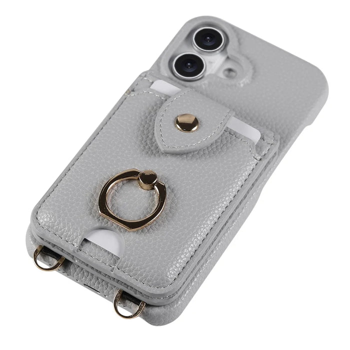For iPhone 16 Case with Card Holder, Shoulder Strap PC+TPU Ring Kickstand Phone Back Cover - Grey Blue - 7